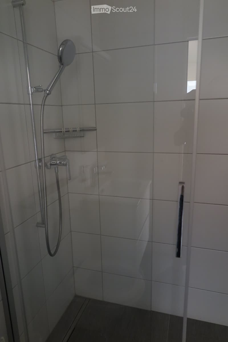 Modern shower area with grey tiles, a handheld showerhead, a fixed faucet, and a glass shower enclosure.