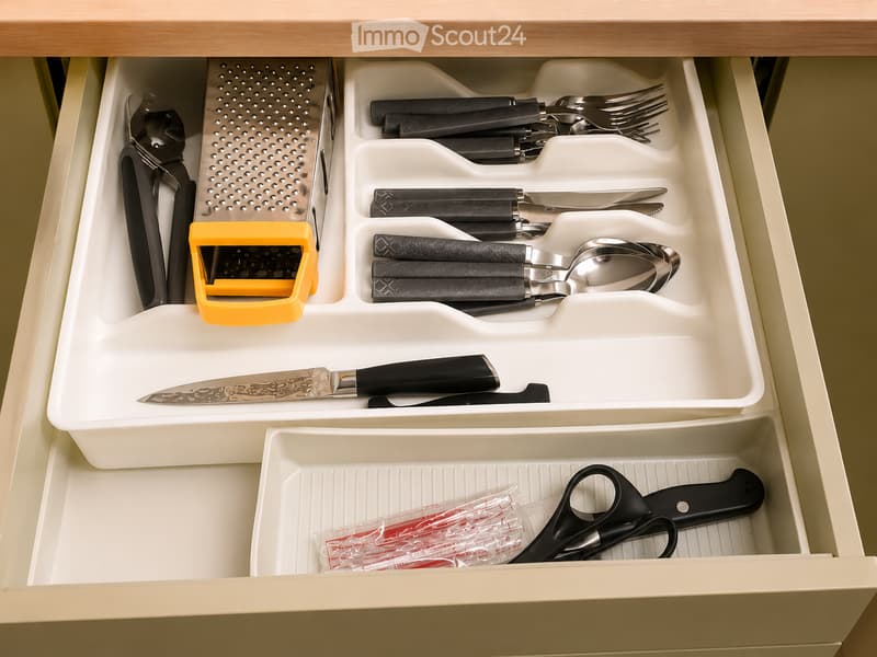 Open kitchen drawer with neatly organized utensils including knives, forks, spoons, a grater, and scissors in white compartments.