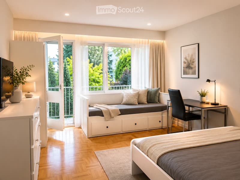 Modern bedroom with a bed, built-in sofa, desk, chair, lamp, and decorative items. Large windows and a balcony offer a view of greenery.