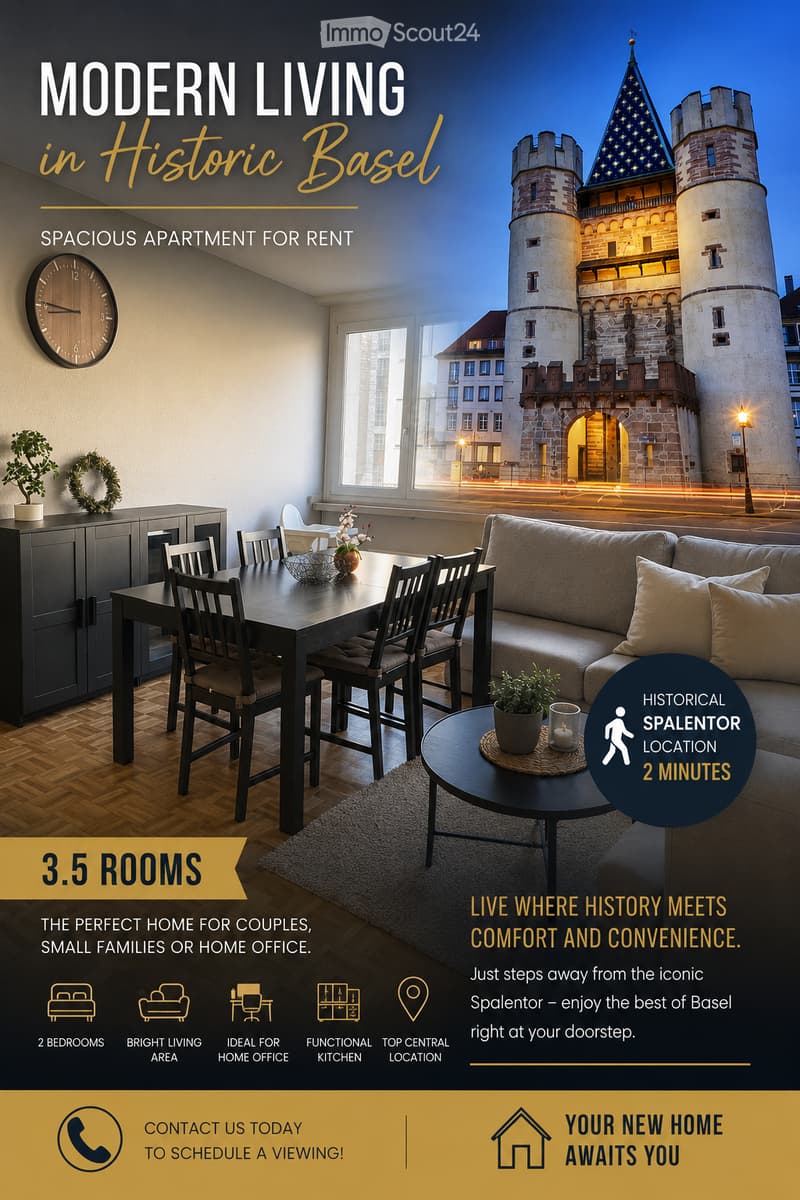 Modern living room with a sofa, coffee table, dining table, chairs, cabinet, clock, potted plants, and a candle. Large windows offer a view of historic Basel.