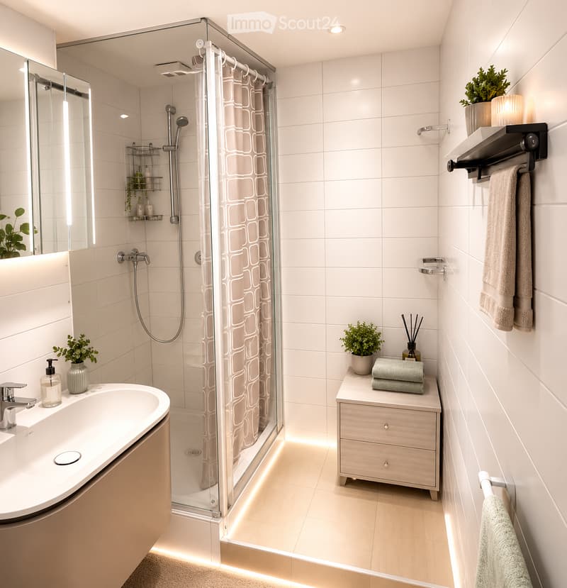 Modern bathroom with white tiles, a glass-enclosed shower, a sink with a modern faucet, a towel rack, and decorative plants.