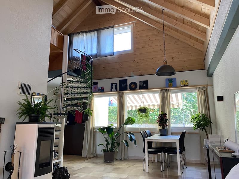 Bright living space with wooden ceiling beams, large windows, a dining table with chairs, potted plants, a fireplace, and a spiral staircase leading to a loft area.