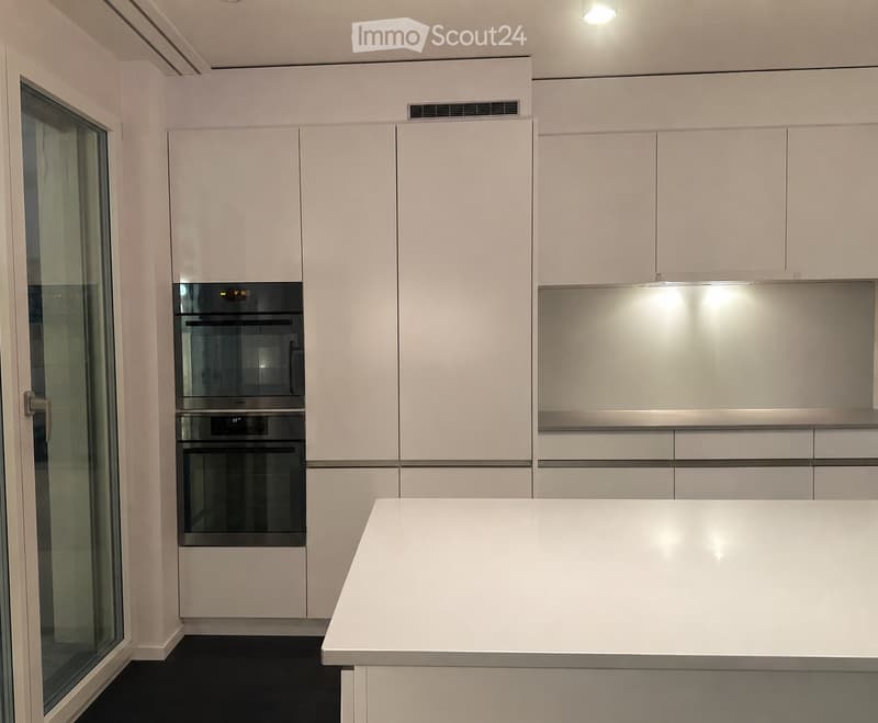 Modern kitchen with white cabinets, a built-in oven, and a white countertop.