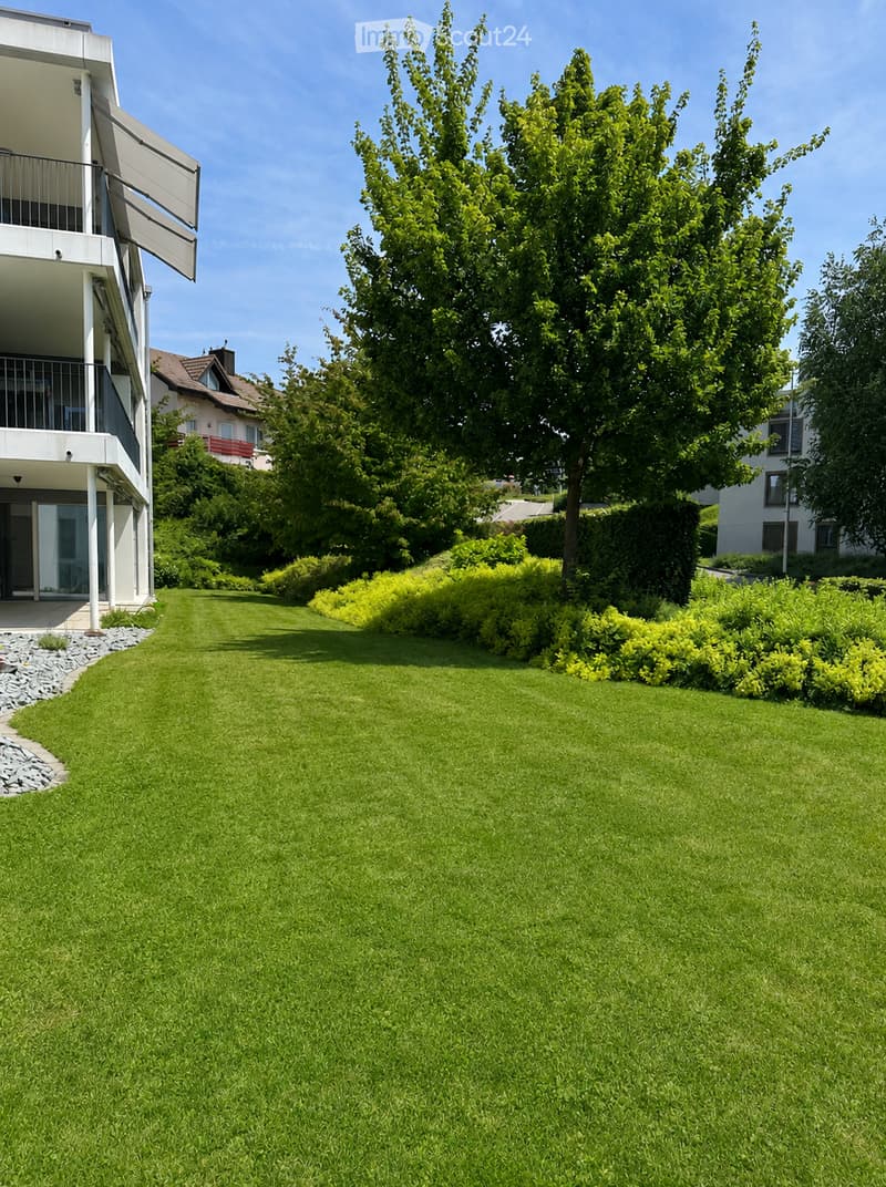 Well-maintained lawn with trimmed hedges, trees, and a modern house with balconies in the background.