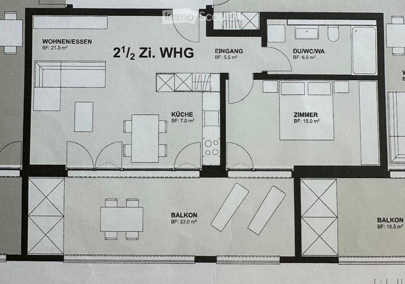 Floor plan of a 2.5-room apartment with living/dining area, kitchen, bedroom, bathroom, and two balconies.