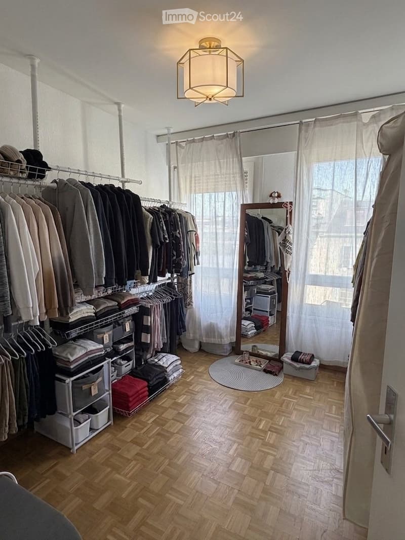 Well-organized walk-in closet with wooden flooring, large mirror, and ample storage for clothing and accessories.
