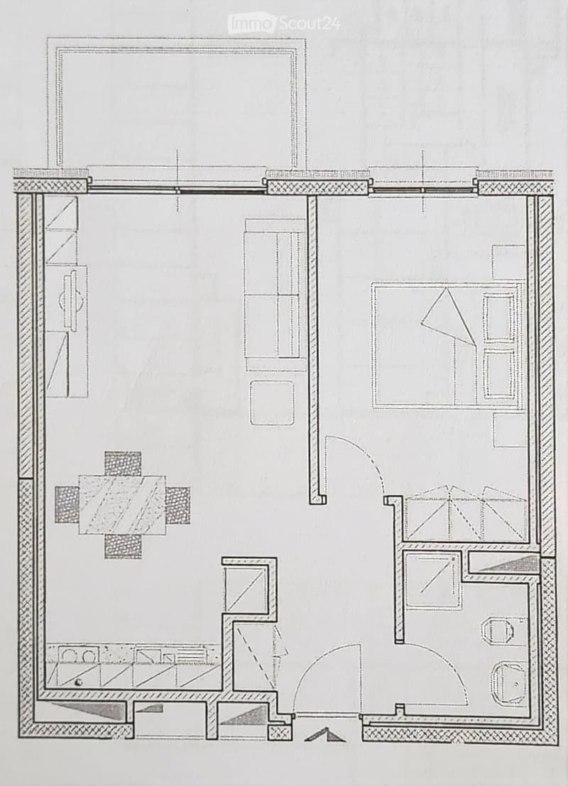 Floor plan of a residential space featuring a living room, kitchen, bedroom, bathroom, and hallway.