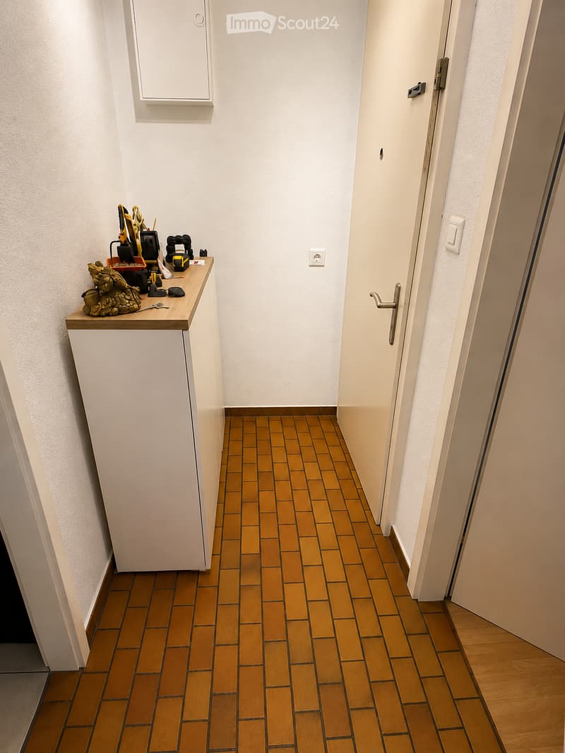 Narrow hallway with wooden tiled flooring, white walls, and a small white cabinet with a countertop holding various items including a decorative statue, tools, and small objects.