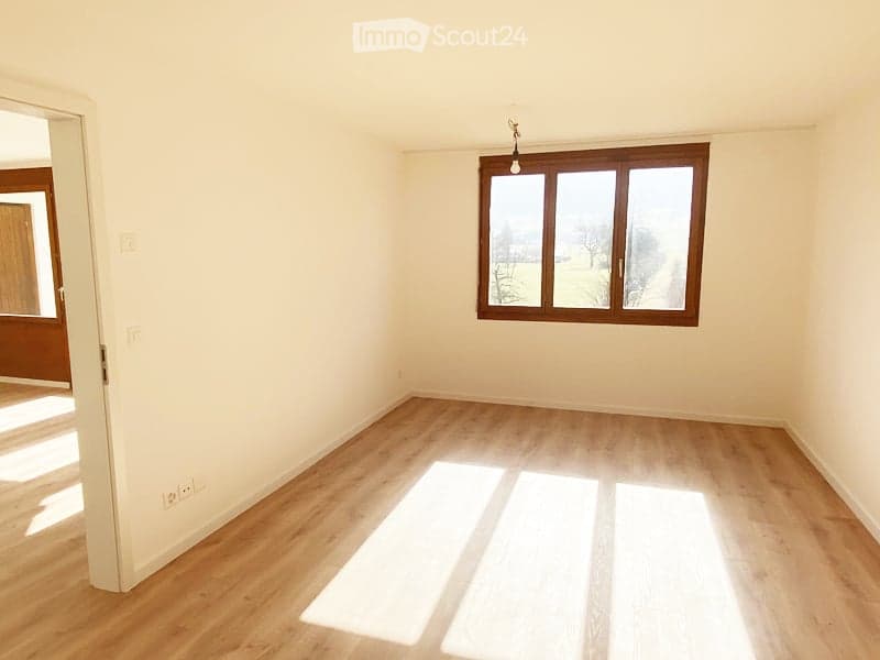 Empty room with light-colored walls and wooden flooring, featuring a large window with wooden frame and a visible light fixture above it.