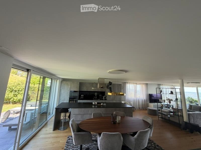Open-plan living and dining area with modern kitchen, large windows offering a view, dining table with chairs, sofa, TV, and shelves.
