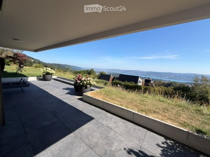 Spacious balcony with modern concrete flooring, potted plants, and a panoramic view of the lake and surrounding hills.