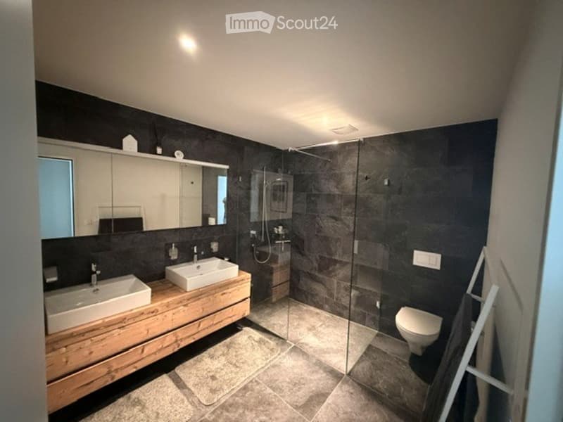 Modern bathroom with dark grey tiles, double sink vanity, large mirror, and glass-enclosed shower.
