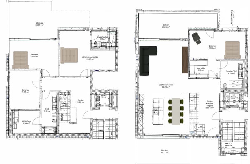 Floor plan of a multi-room apartment including living/dining area, bedrooms, bathrooms, entrance hall, corridor, and balcony.