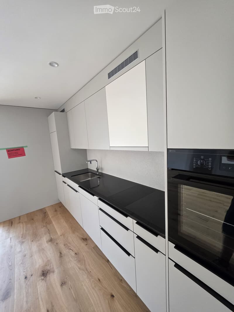 Modern kitchen with white cabinets, black countertops, a stainless steel sink, and a built-in oven.