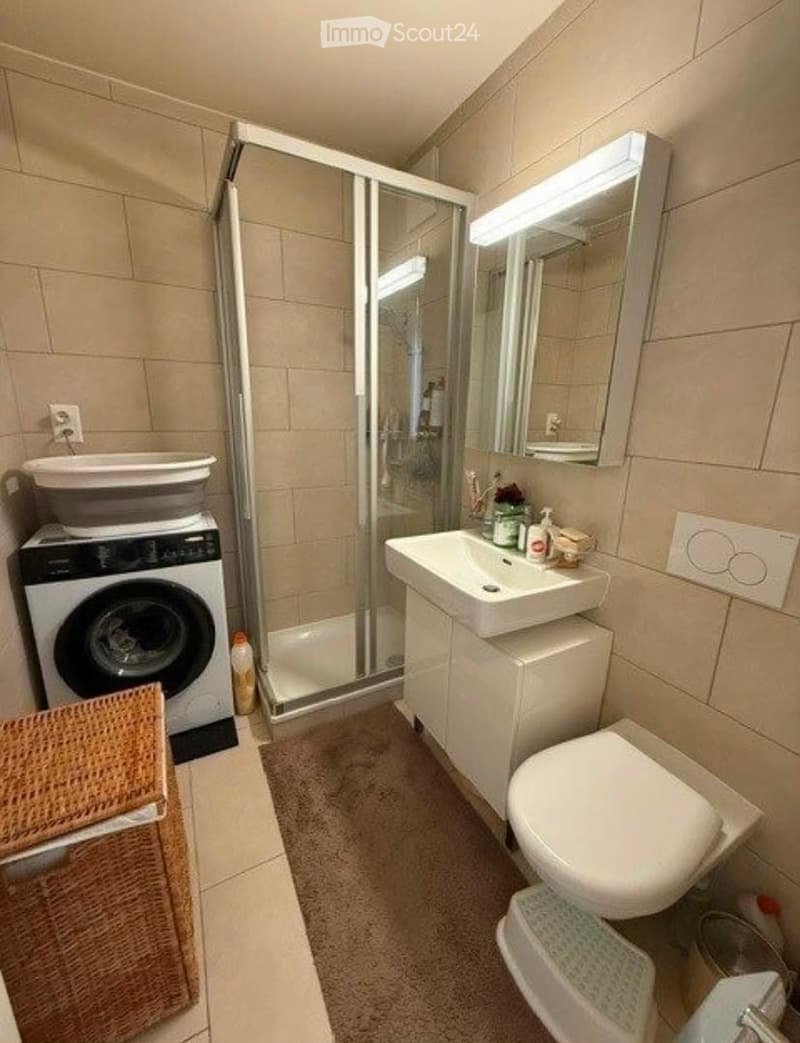 Modern bathroom with a glass-enclosed shower, a sink with a mirror, a toilet, and a private washing machine. The space features beige tiles and a wicker basket on the floor.