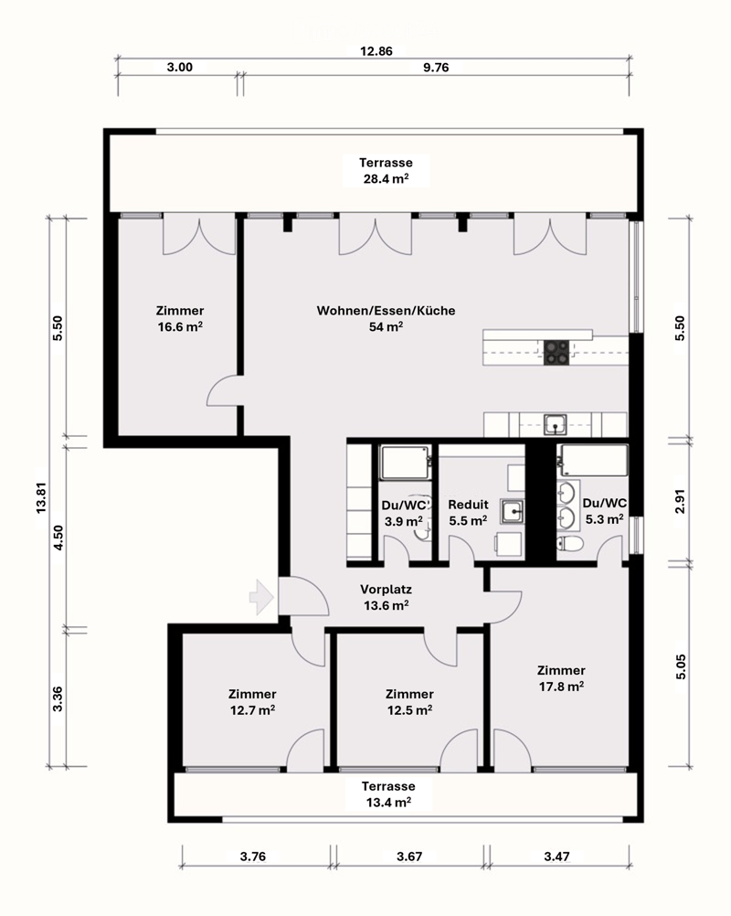 two bedrooms, living/dining/kitchen, bathroom, two toilets, two terraces
