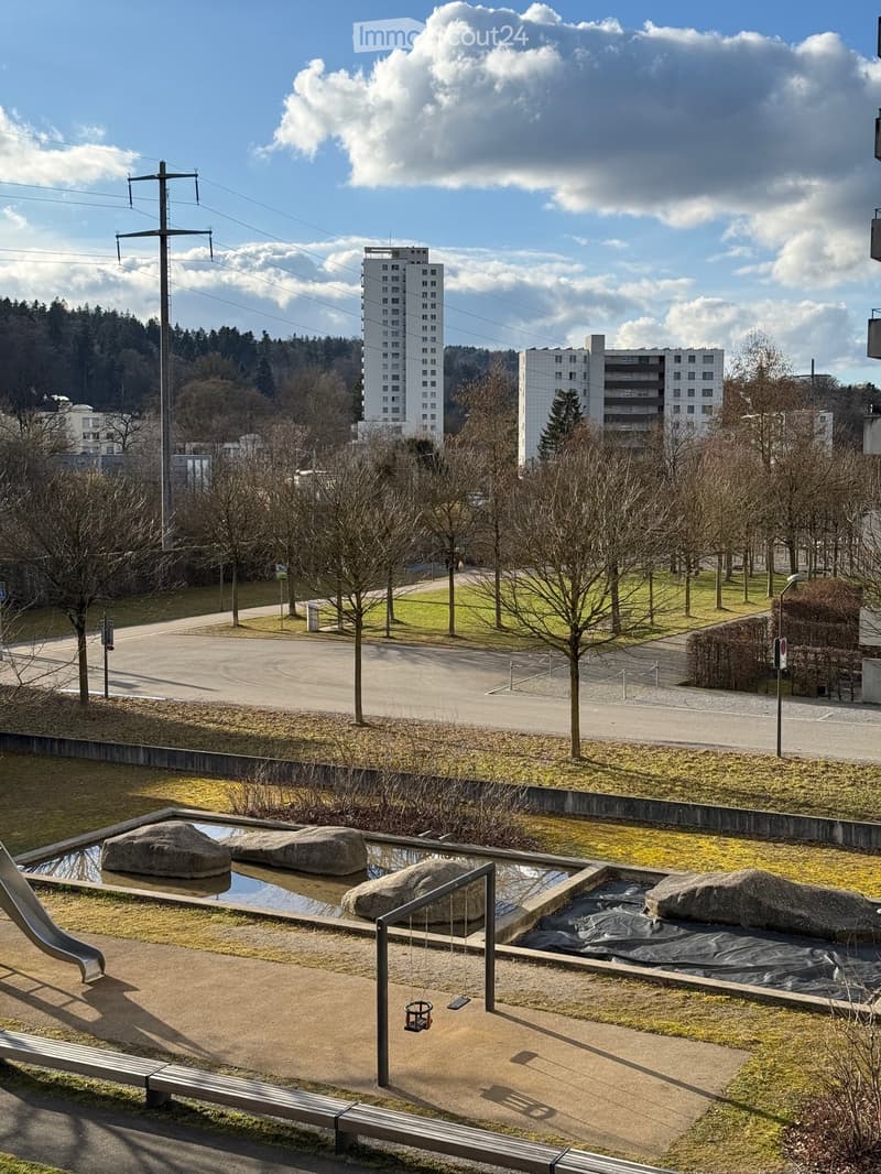 A park with trees, a small playground, a slide, and a swing. Several buildings are visible in the background under a cloudy sky.