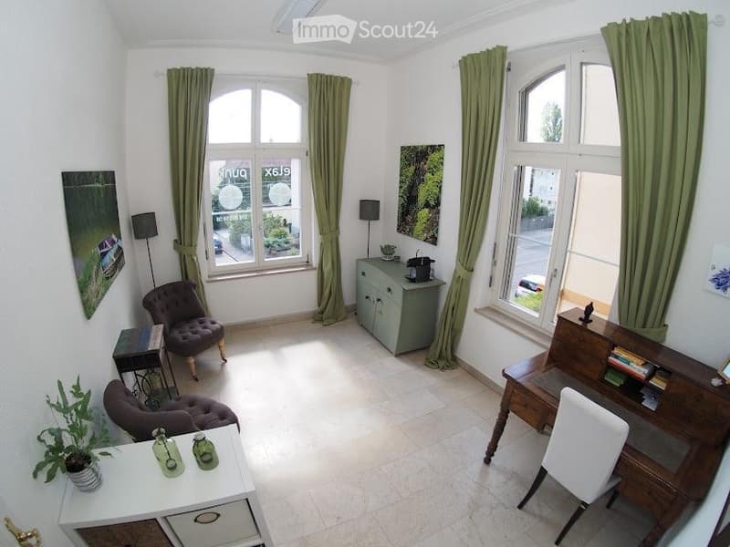 A well-lit, modern living room with large windows, green curtains, a sofa, a chair, a small table, a cabinet, a desk, and a plant. The room features a mix of contemporary and classic furniture, with artwork on the walls and a cozy ambiance.