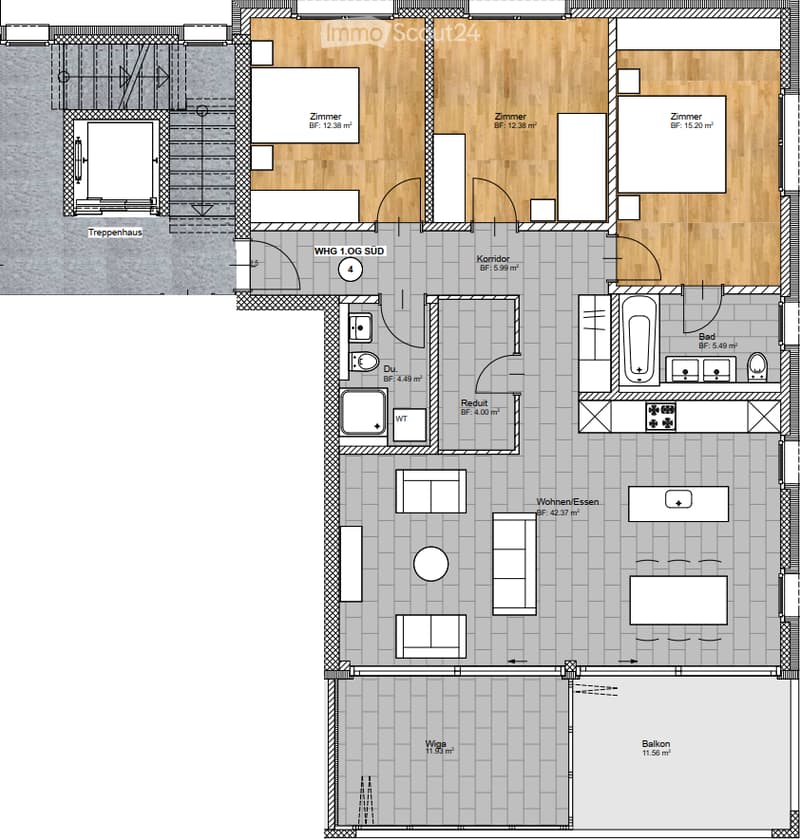 Floor plan of a multi-level residential unit featuring a living/dining area, kitchen, three bedrooms, bathroom, hallway, and balcony.