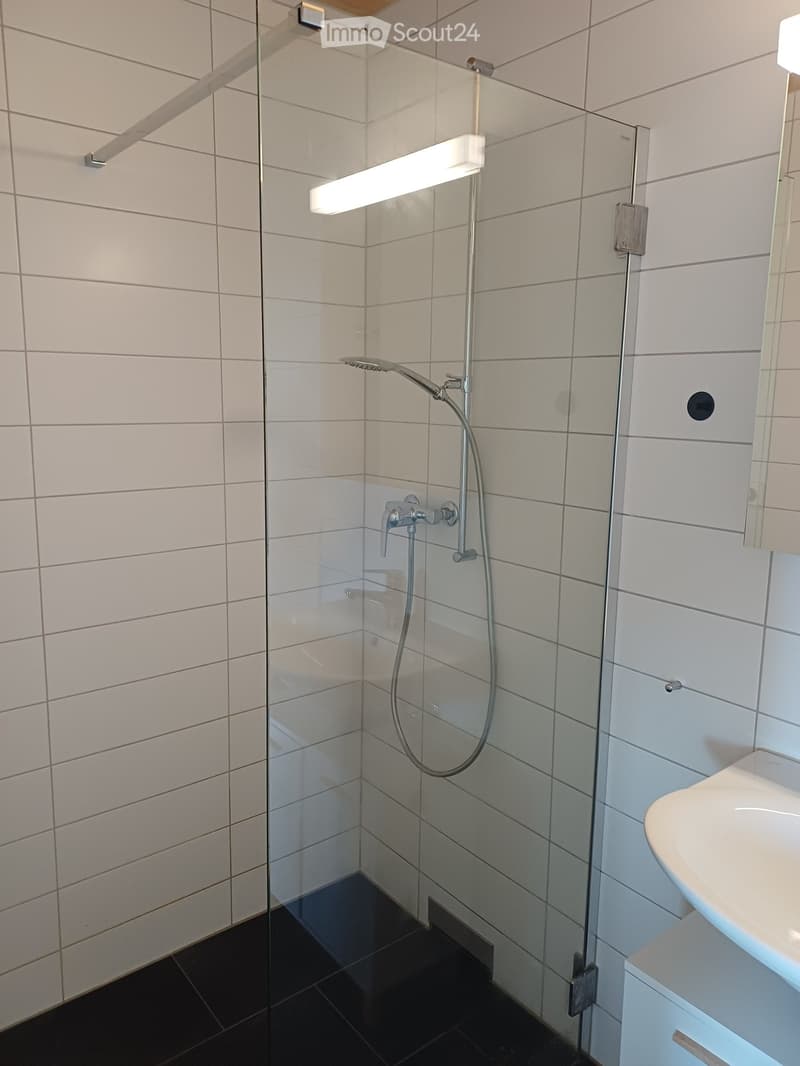 Modern bathroom with white tiled walls, black tiled floor, glass-enclosed shower, and a white sink.