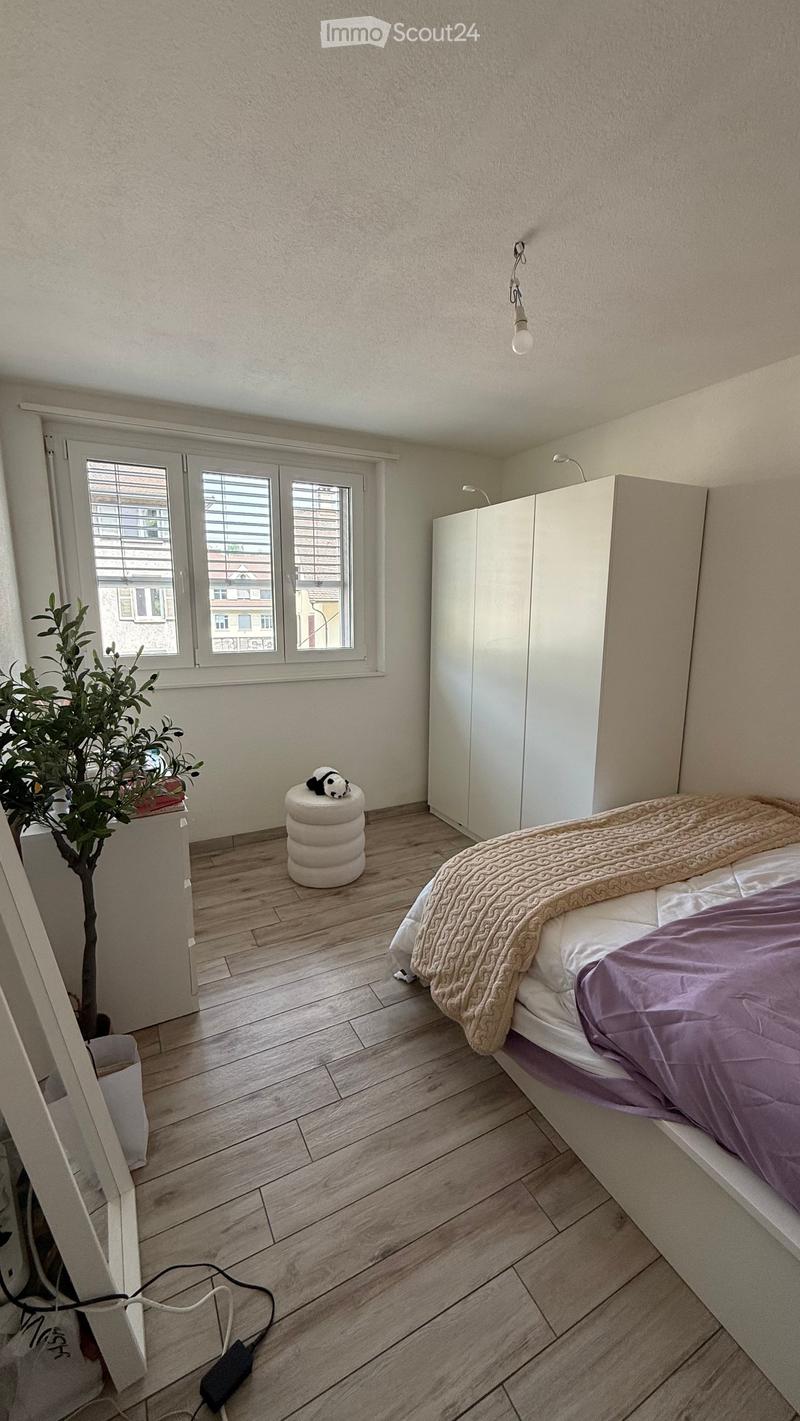 Cozy bedroom with wooden flooring, a bed with a purple blanket, a white wardrobe, a small stool with a panda toy, and a potted plant near the window.