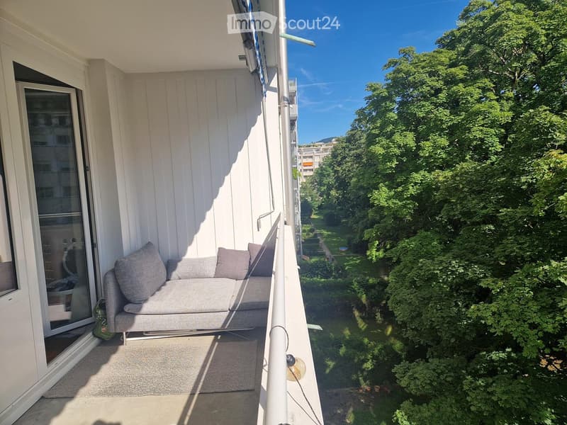 Balcony with a grey sofa, cushions, and a view of a green park.