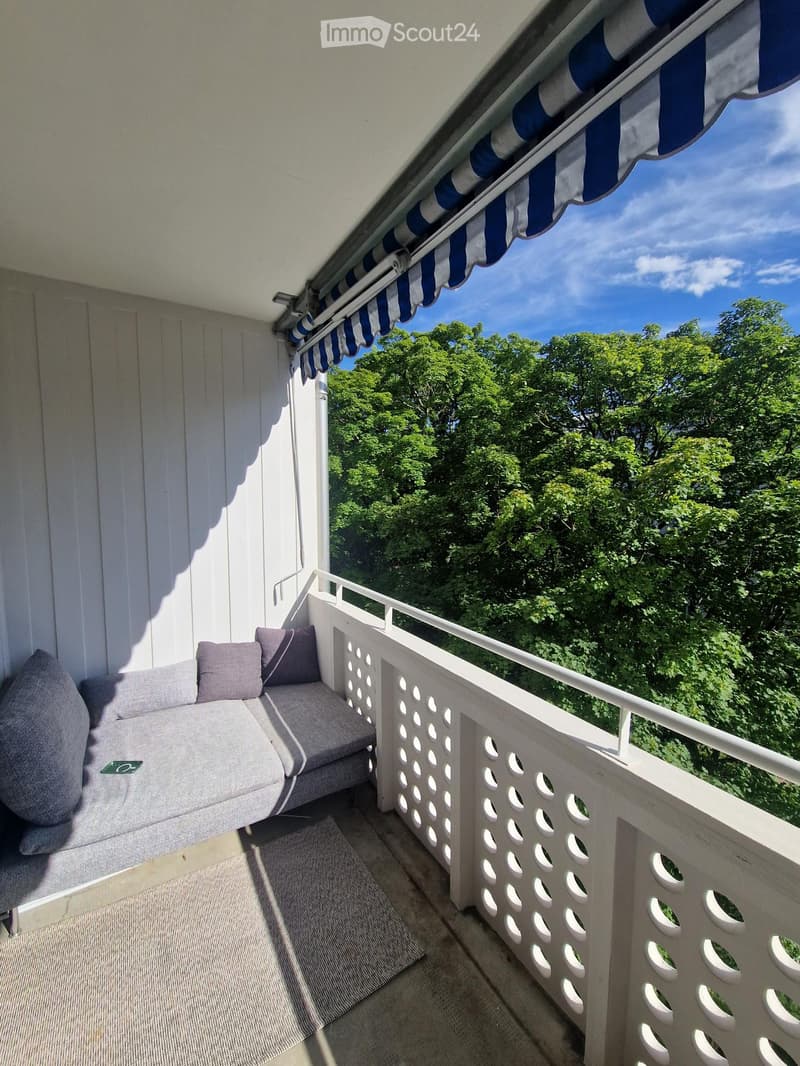 Balcony with a grey sofa, cushions, rug, and a white balustrade with circular cutouts. Retractable awning and lush green trees in the background.