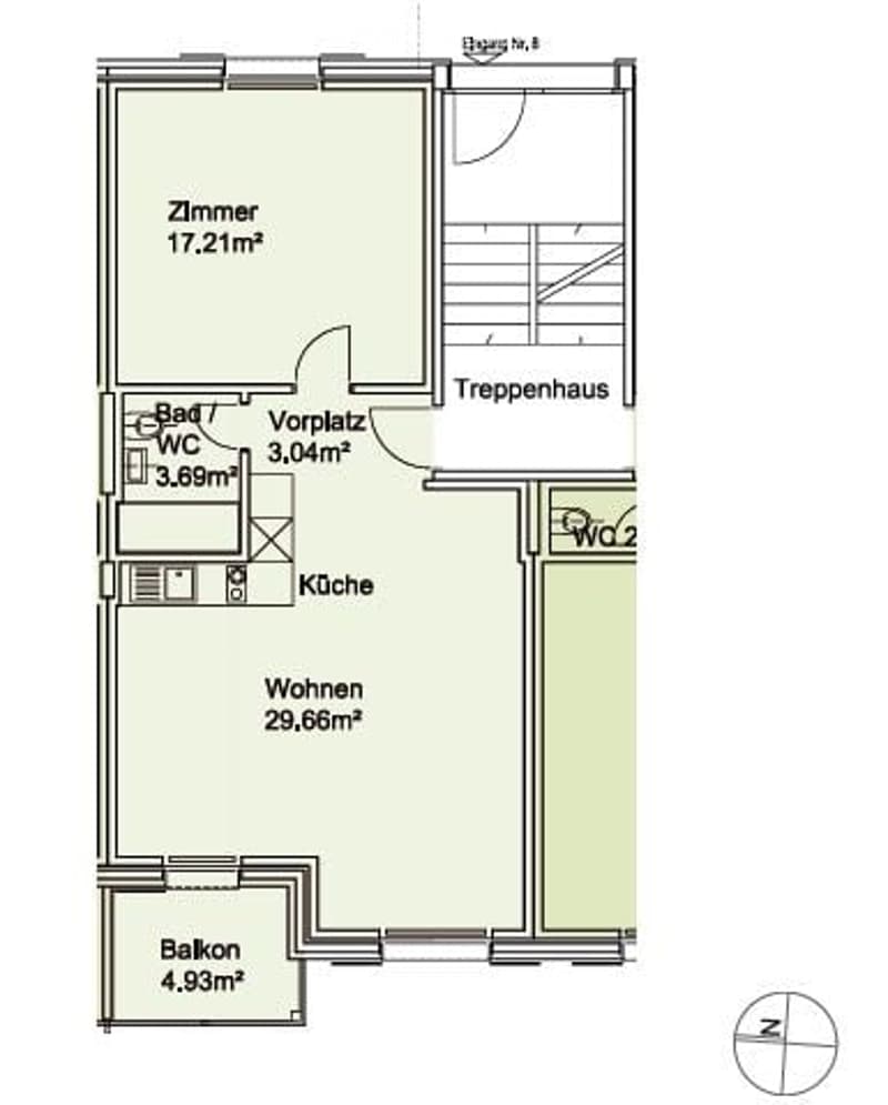 Floor plan of a 2-room apartment with a living area, bedroom, kitchen, bathroom, and balcony.