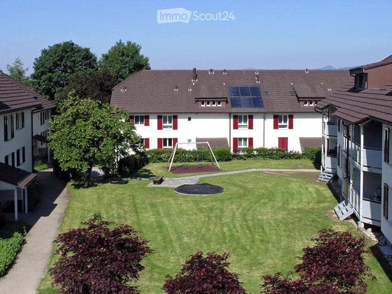 Well-maintained lawn with trimmed hedges and trees, surrounded by residential buildings with red shutters and solar panels on the roof.