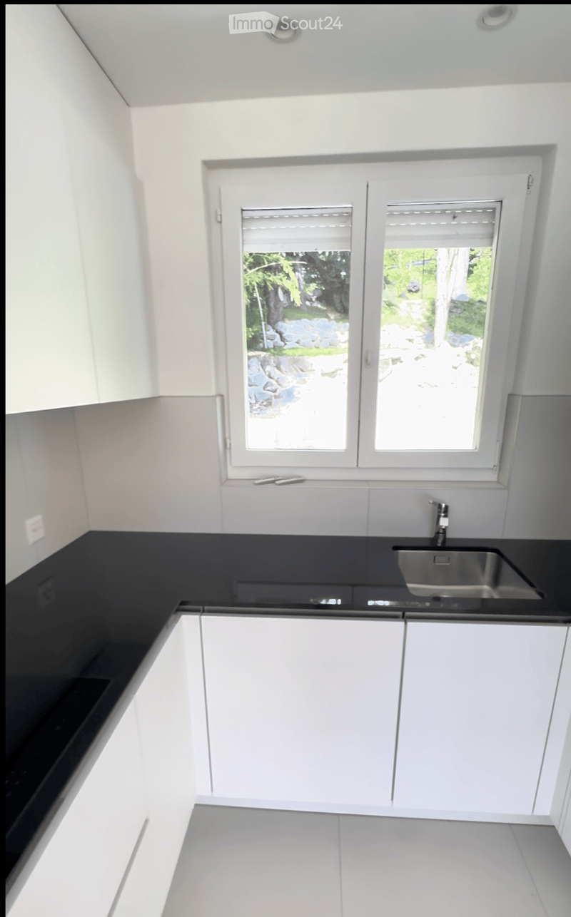 Modern kitchen with white cabinets, black countertops, and a stainless steel sink. Large windows provide natural light and a view of the outdoor area.