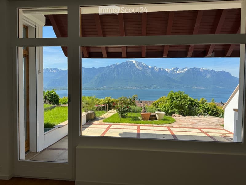 View from a balcony or terrace showing a garden area with potted plants, a paved patio, and a scenic mountain and lake view in the background.