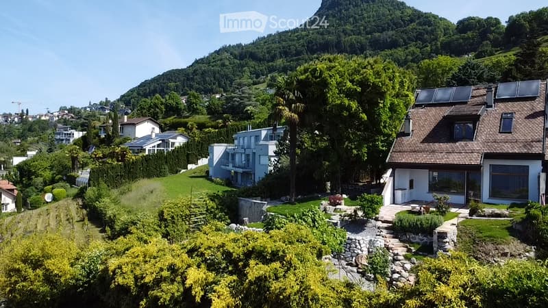 A modern house with a brown tiled roof and large windows, surrounded by a well-maintained garden and lush greenery, with a scenic mountain backdrop.