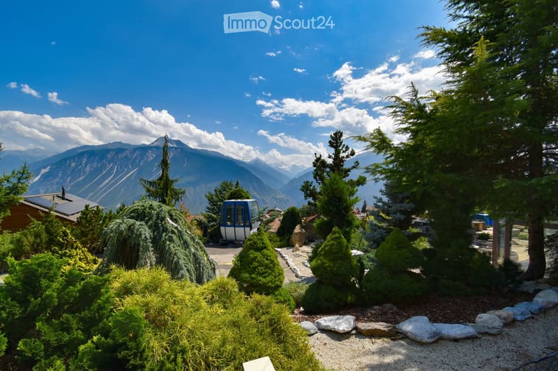 A well-maintained garden with neatly trimmed bushes and trees, featuring a cable car in the background and a scenic mountain view.
