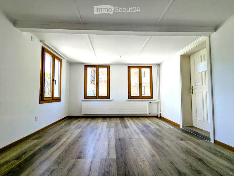 Empty room with light wooden flooring, white walls, and multiple windows with wooden frames. A radiator is visible below one window, and a door is on the right side.
