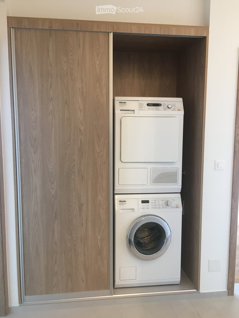 Compact laundry area with a white washing machine and dryer unit, enclosed in a wooden cabinet.