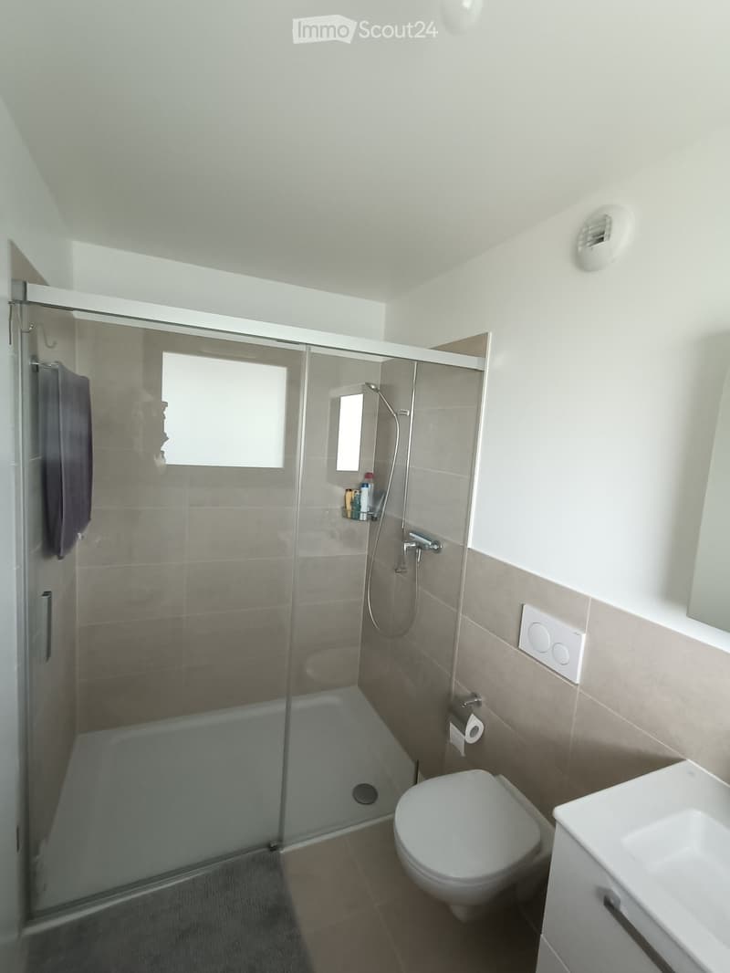 Modern bathroom with a glass-enclosed shower, toilet, sink, and a towel hanging on the wall. The shower has a built-in shelf with toiletries.