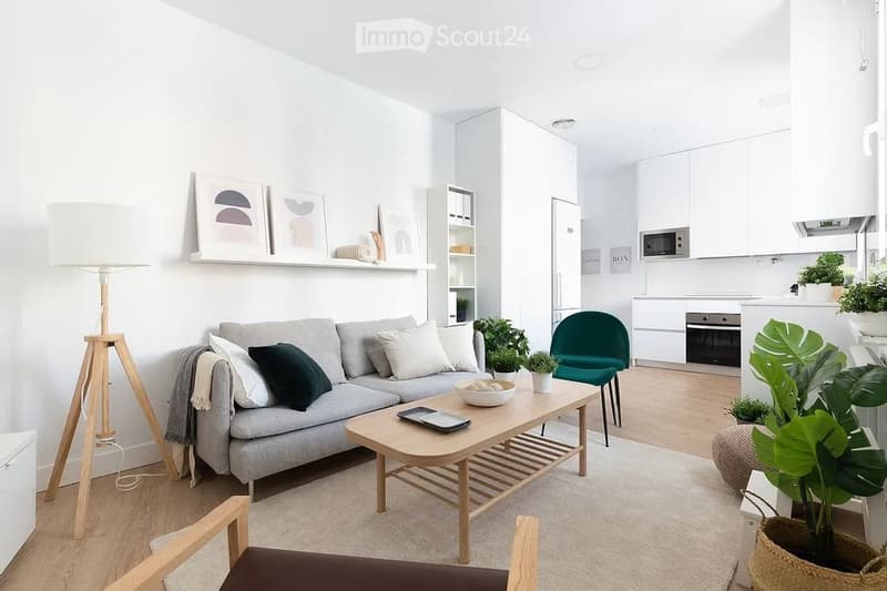 Modern living room with a grey sofa, wooden coffee table, floor lamp, green accent chair, and white kitchen area with microwave and oven. Shelves with decorative items and potted plants are present.