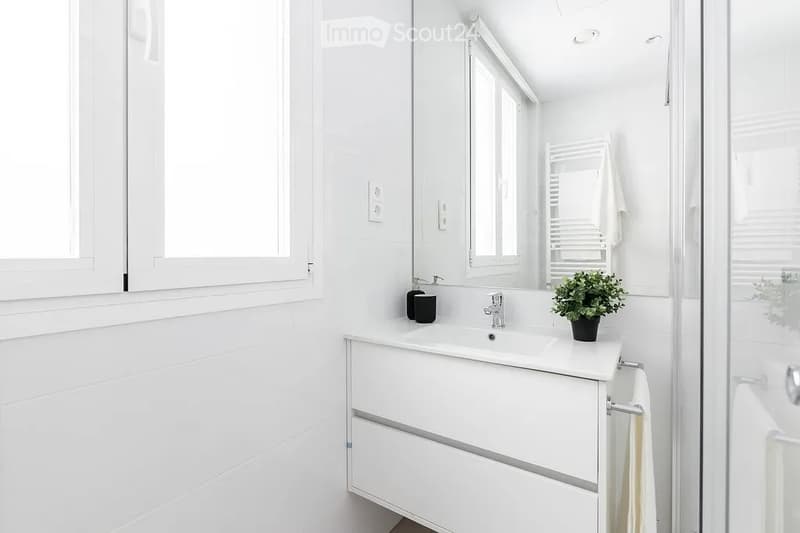 Modern white bathroom with a sink, mirror, towel, and small plant on the counter.