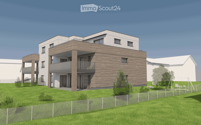Modern two-story residential building with white and wood exterior, multiple windows, balconies, and a fenced yard with greenery.