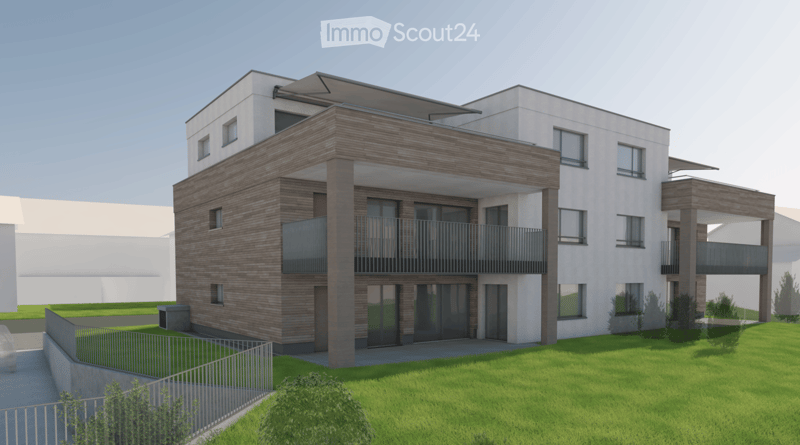 Modern two-story building with a combination of white and wood siding, multiple balconies, large windows, and a well-maintained lawn in front.