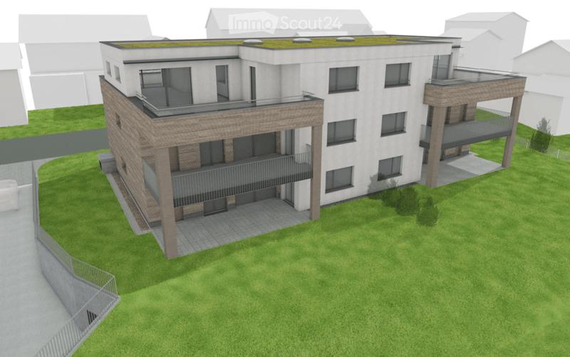 Modern 3-story residential building with white facade, brick accents, multiple balconies, and a green roof.