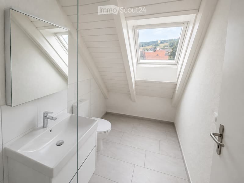 Modern bathroom with white tiled walls and floor, a large mirror, a sink with a modern faucet, and a toilet. The room features a skylight window offering a scenic view.