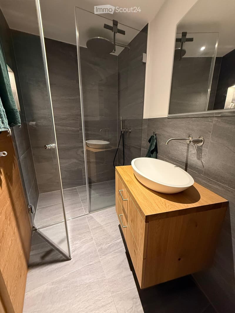 Modern bathroom with a sleek wooden vanity, a round sink, a large mirror, and a glass-enclosed shower with a modern showerhead.