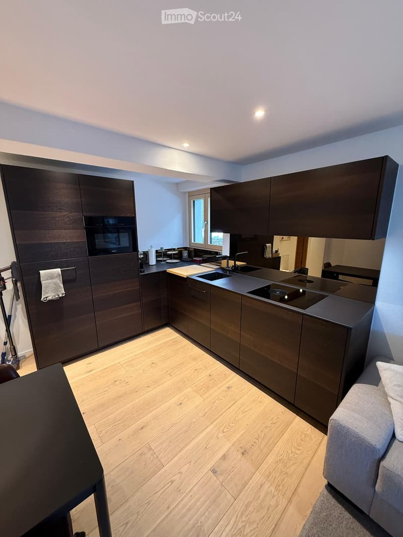 Modern kitchen with dark wooden cabinets, stainless steel appliances, and a central island with a sink and induction cooktop. The space features light wooden flooring and a small seating area with a sofa and table.