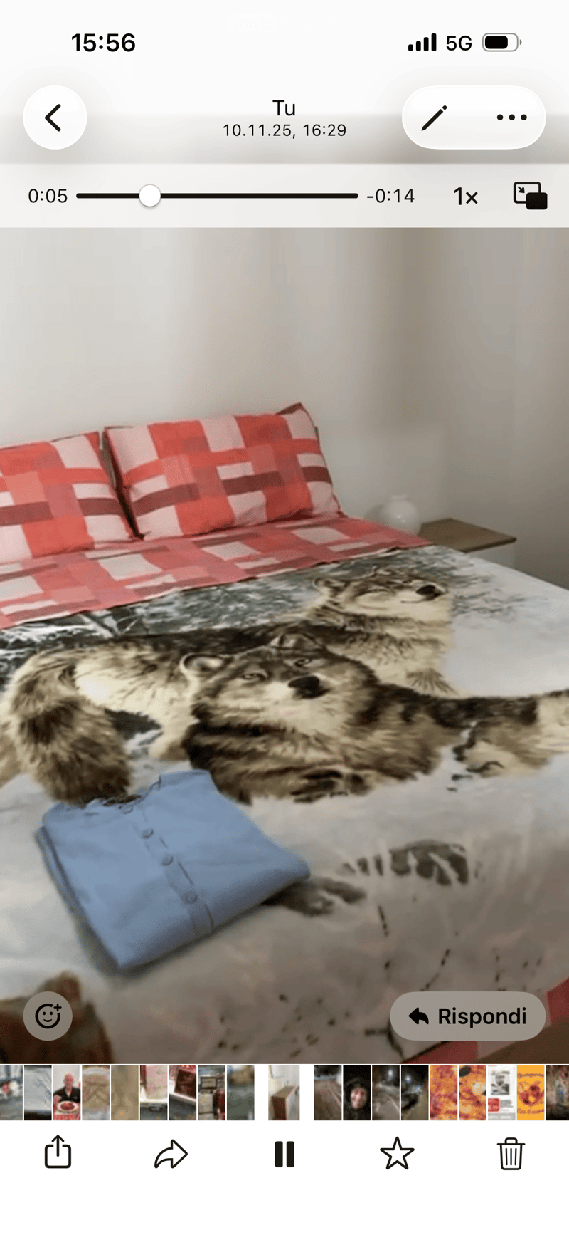 A neatly made bed with a wolf-themed blanket, red and white checkered pillows, and a blue folded shirt on top. A nightstand is visible beside the bed.