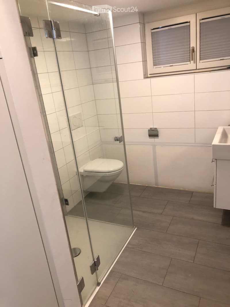 Modern bathroom with white tiled walls, a glass-enclosed toilet area, a white sink, and a cabinet.