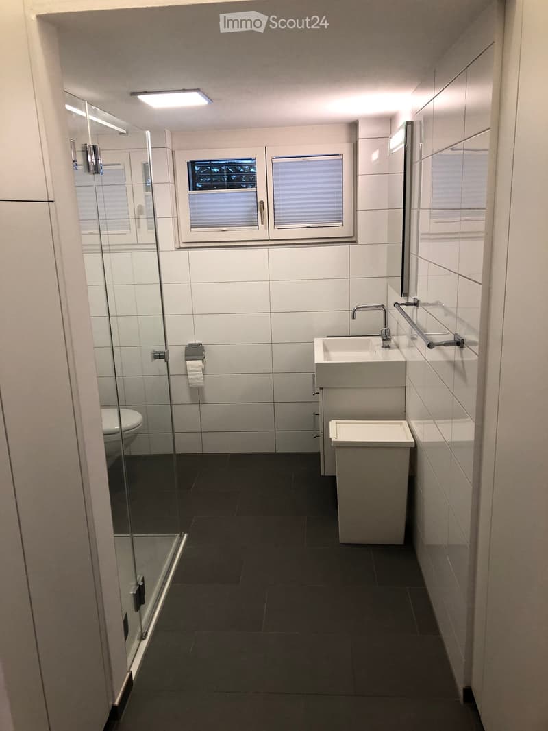 Modern bathroom with white tiles, dark grey floor, double sink, mirror, toilet, and glass-enclosed shower. Features a window with blinds and a towel rack.