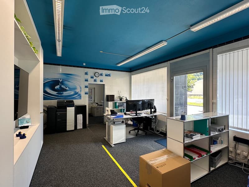 Office space with a desk, computer monitors, printer, shelves, and a clock on the wall.