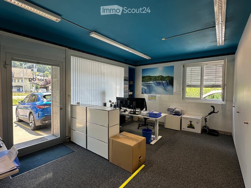 Office space with a desk, chair, screen, partition, and various items including a picture on the wall and a blue car visible through the glass door.