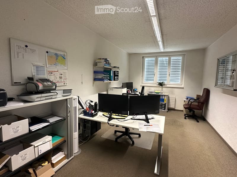 Office space with a desk, two monitors, a chair, a printer, shelves, and a fan. The room has large windows with blinds and a slanted ceiling.